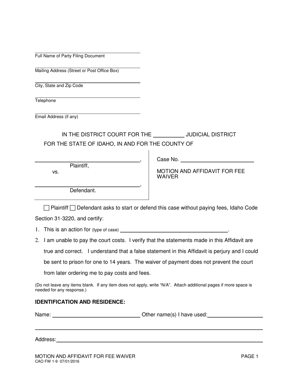 Form CAO FW1-9 Motion and Affidavit for Fee Waiver - Idaho, Page 1