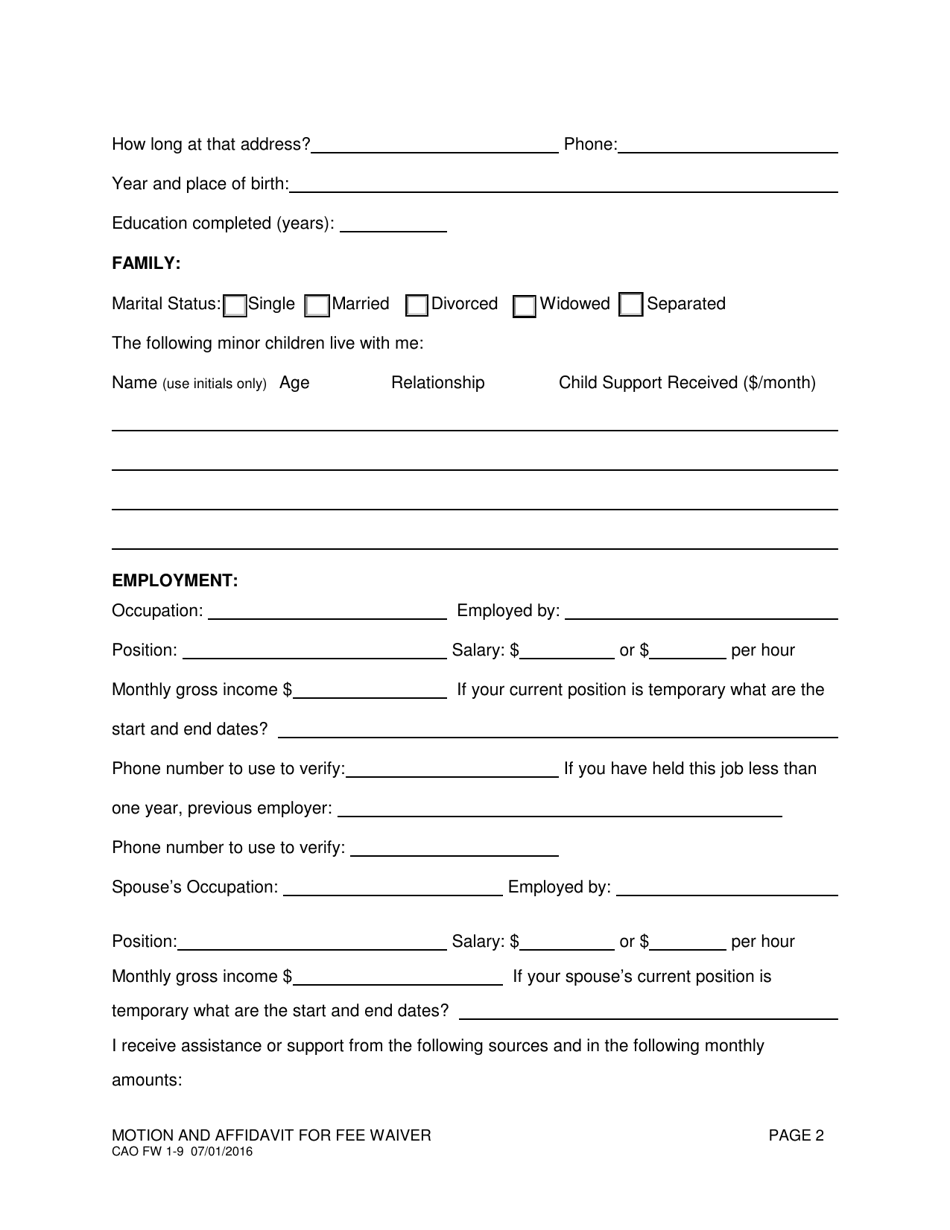 Form CAO FW1-9 Motion and Affidavit for Fee Waiver - Idaho, Page 2