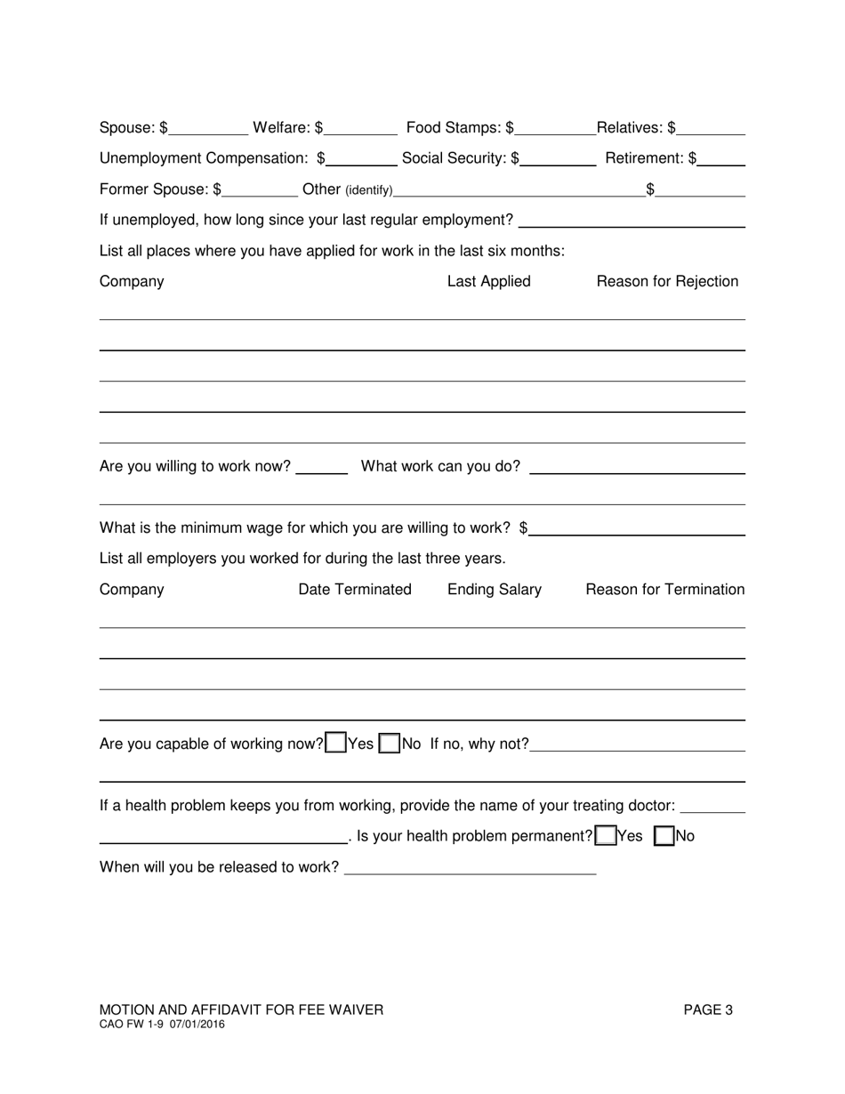 Form CAO FW1-9 Motion and Affidavit for Fee Waiver - Idaho, Page 3