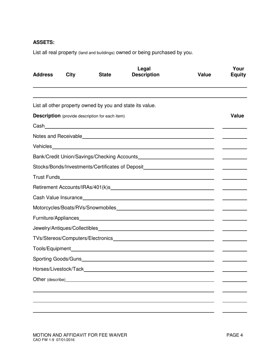 Form CAO FW1-9 Motion and Affidavit for Fee Waiver - Idaho, Page 4