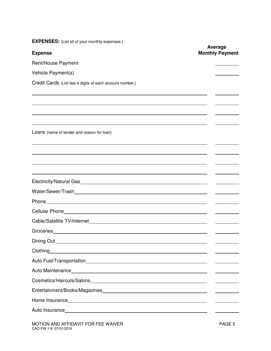 Form CAO FW1-9 Motion and Affidavit for Fee Waiver - Idaho, Page 5