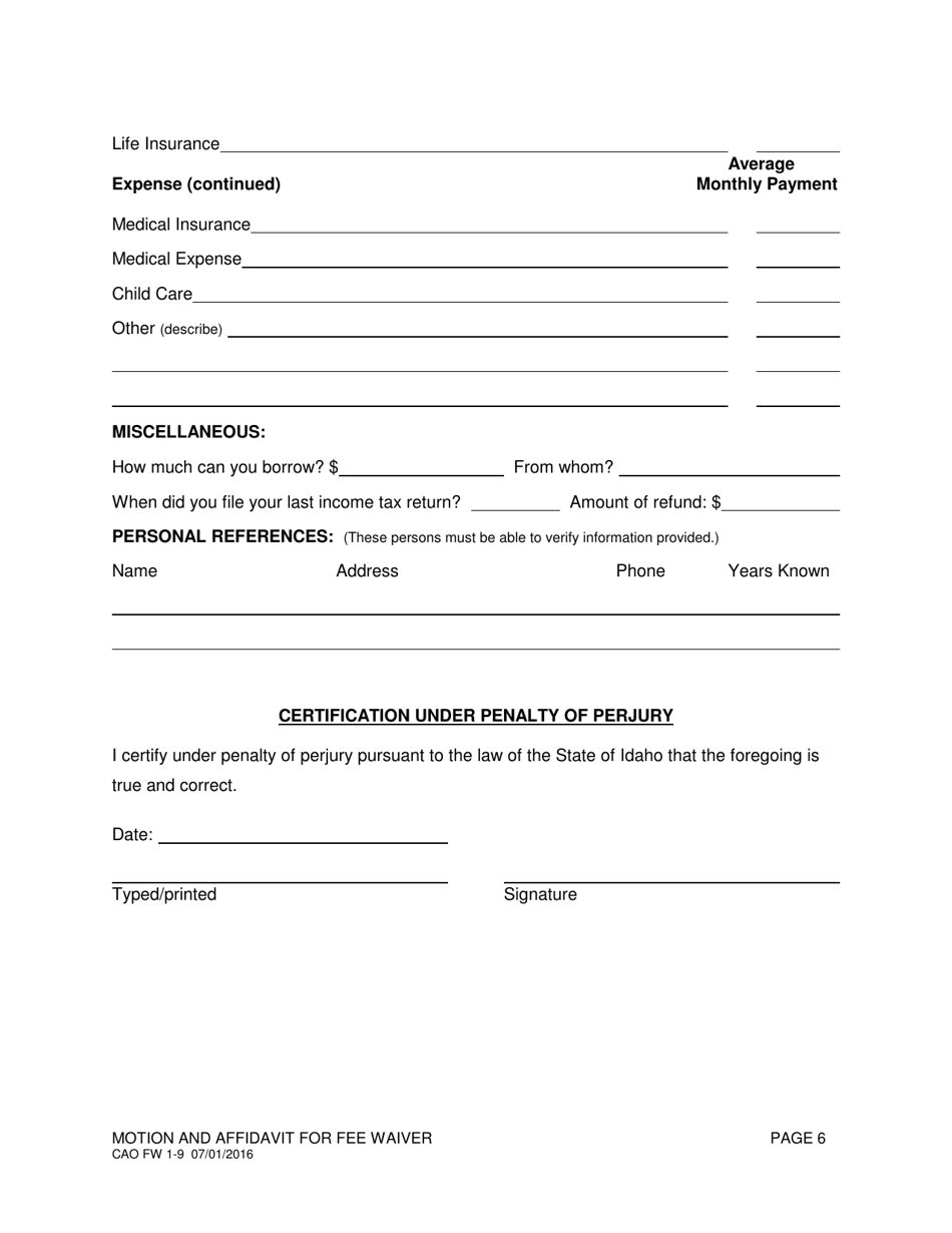 Form CAO FW1-9 Motion and Affidavit for Fee Waiver - Idaho, Page 6