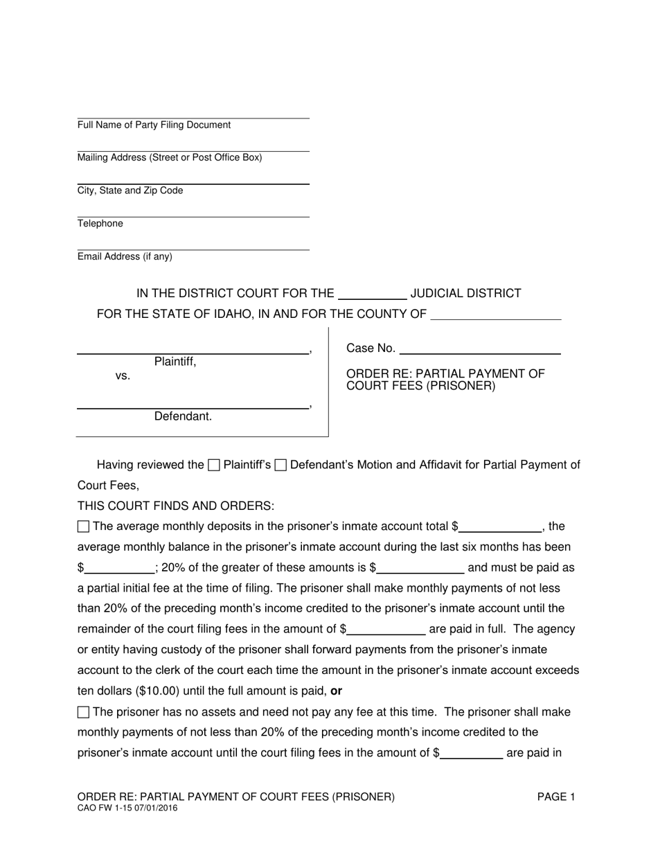Form CAO FW1-15 Order Re: Partial Payment of Court Fees (Prisoner) - Idaho, Page 1