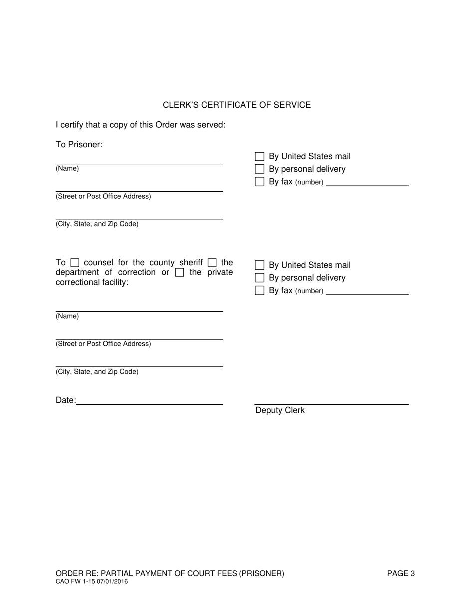 Form CAO FW1-15 Order Re: Partial Payment of Court Fees (Prisoner) - Idaho, Page 3