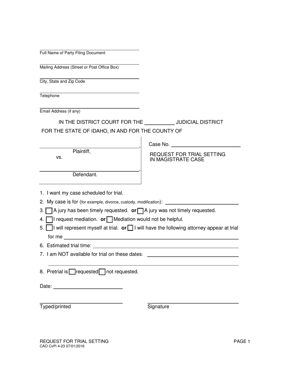 Form CAO CvPi4-23 Request for Trial Setting in Magistrate Case - Idaho, Page 1