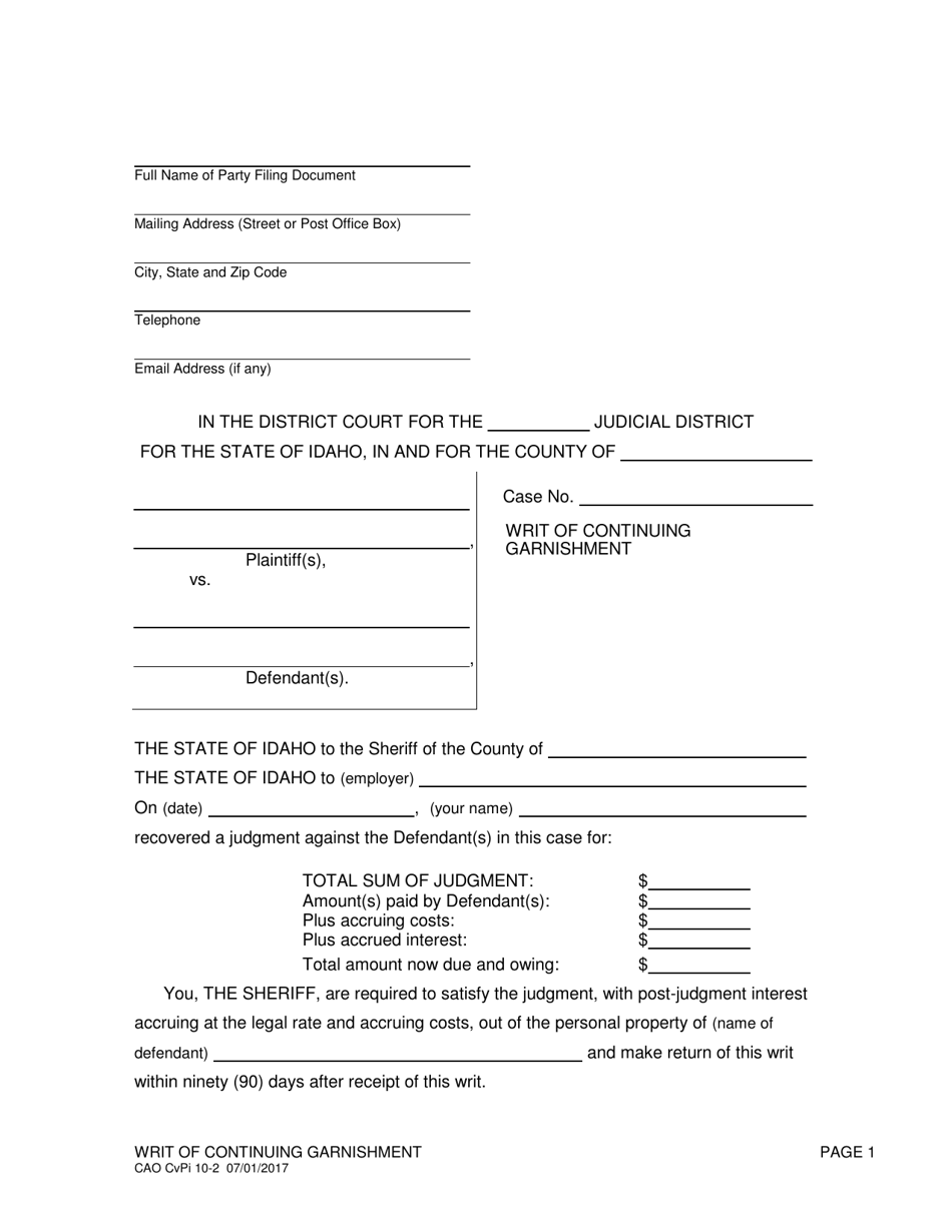 Form CAO CvPi10-2 Writ of Continuing Garnishment - Idaho, Page 1