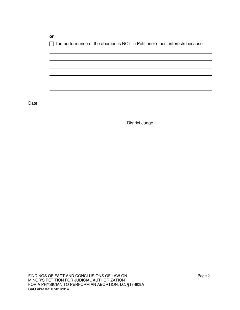 Form CAO AbM8-2 Findings of Fact and Conclusions of Law on Minors Petition for Judicial Authorization for a Physician to Perform an Abortion, I.c.18-609a - Idaho, Page 2