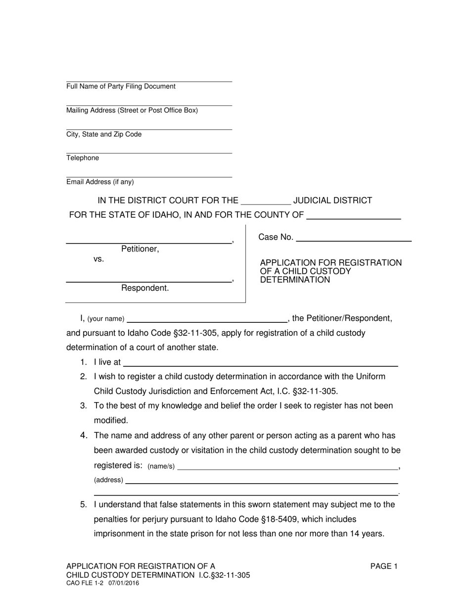 Form CAO FLE1-2 Application for Registration of a Child Custody Determination - Idaho, Page 1