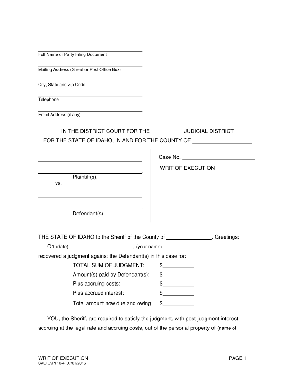 Form CAO CvPi10-4 Writ of Execution - Idaho, Page 1