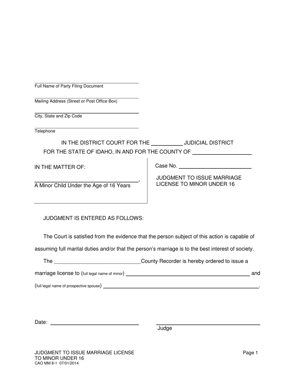 Form CAO MM8-1 Judgment to Issue Marriage License to Minor Under 16 - Idaho, Page 1