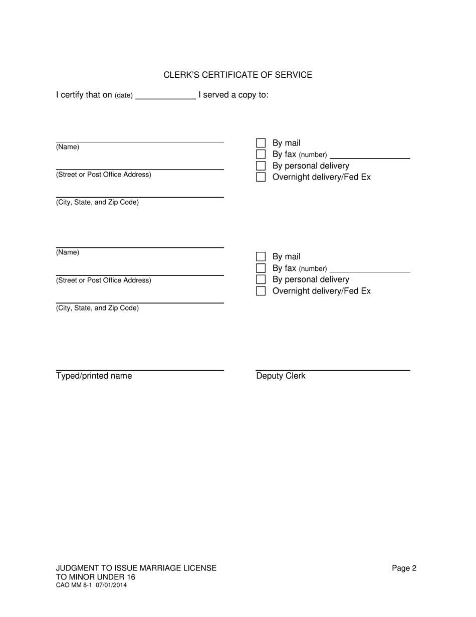 Form CAO MM8-1 Judgment to Issue Marriage License to Minor Under 16 - Idaho, Page 2