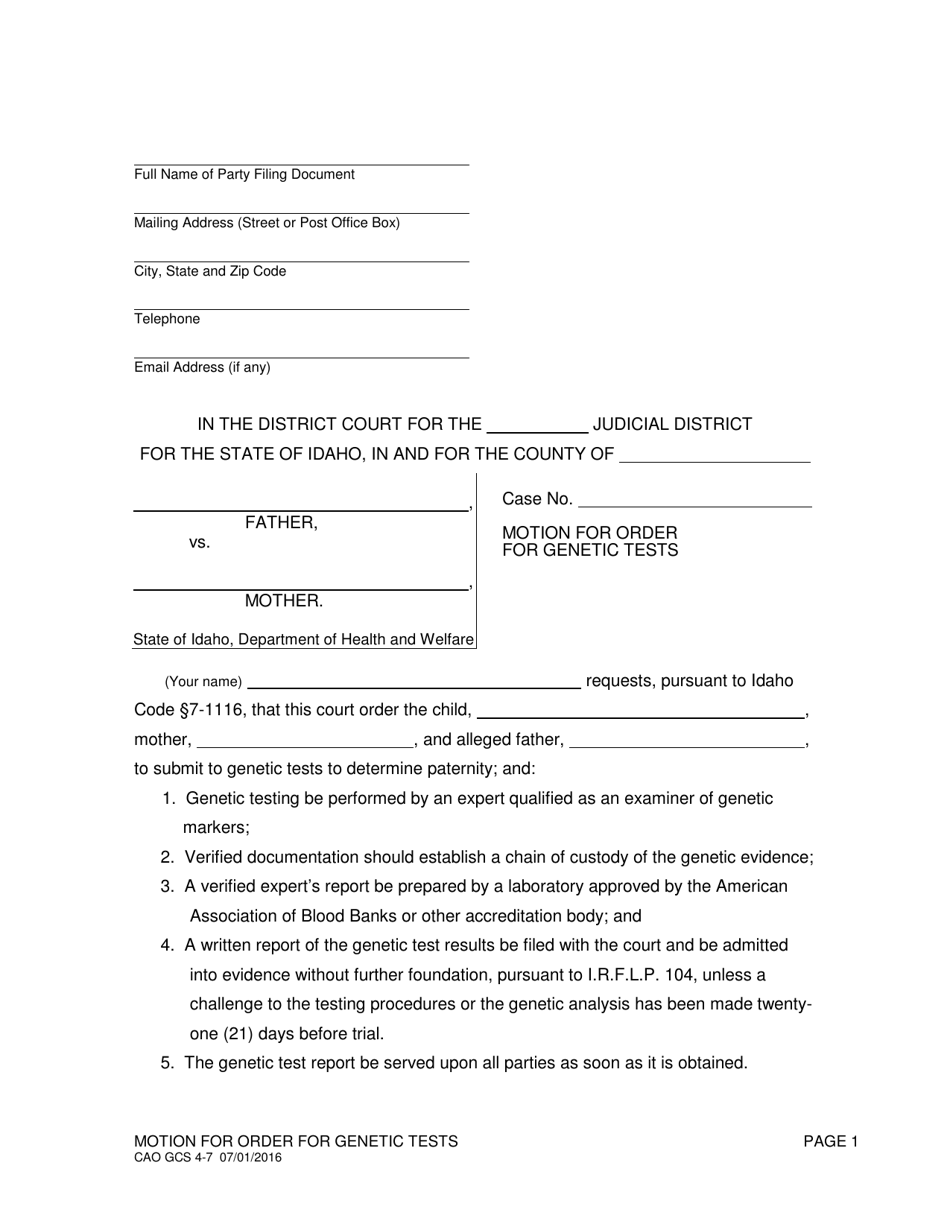 Form CAO GCS4-7 Motion for Order for Genetic Tests - Idaho, Page 1