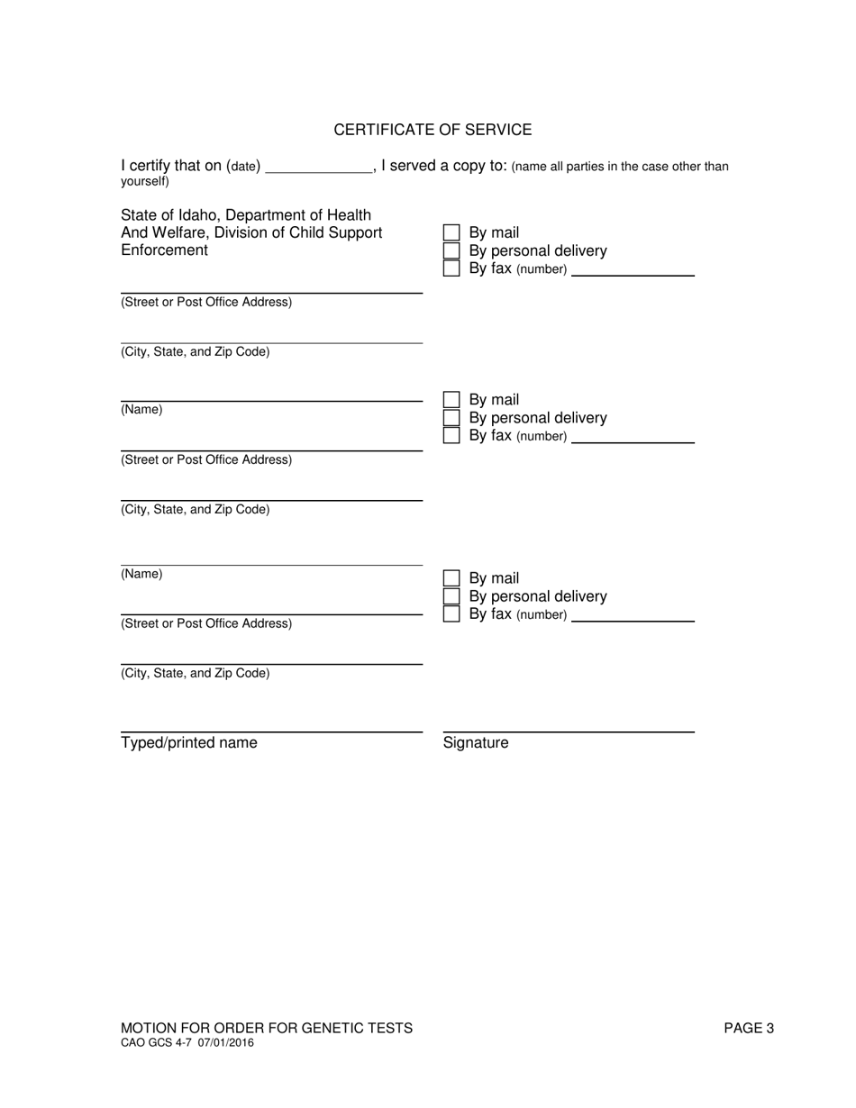 Form CAO GCS4-7 Motion for Order for Genetic Tests - Idaho, Page 3