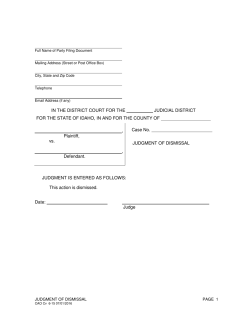Form CAO Cv6-15 Judgment of Dismissal - Idaho