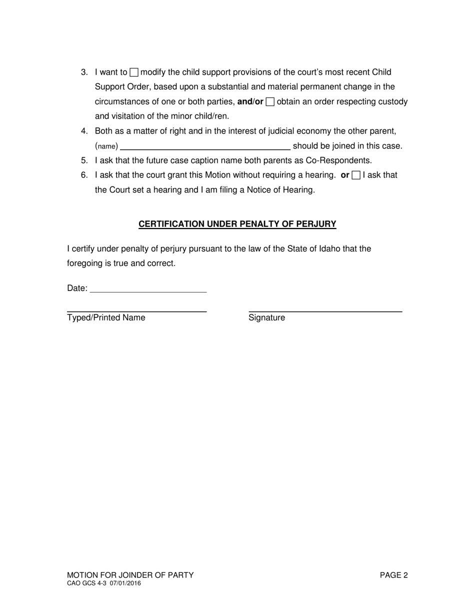 Form CAO GCS4-3 Motion for Joinder of Party - Idaho, Page 2