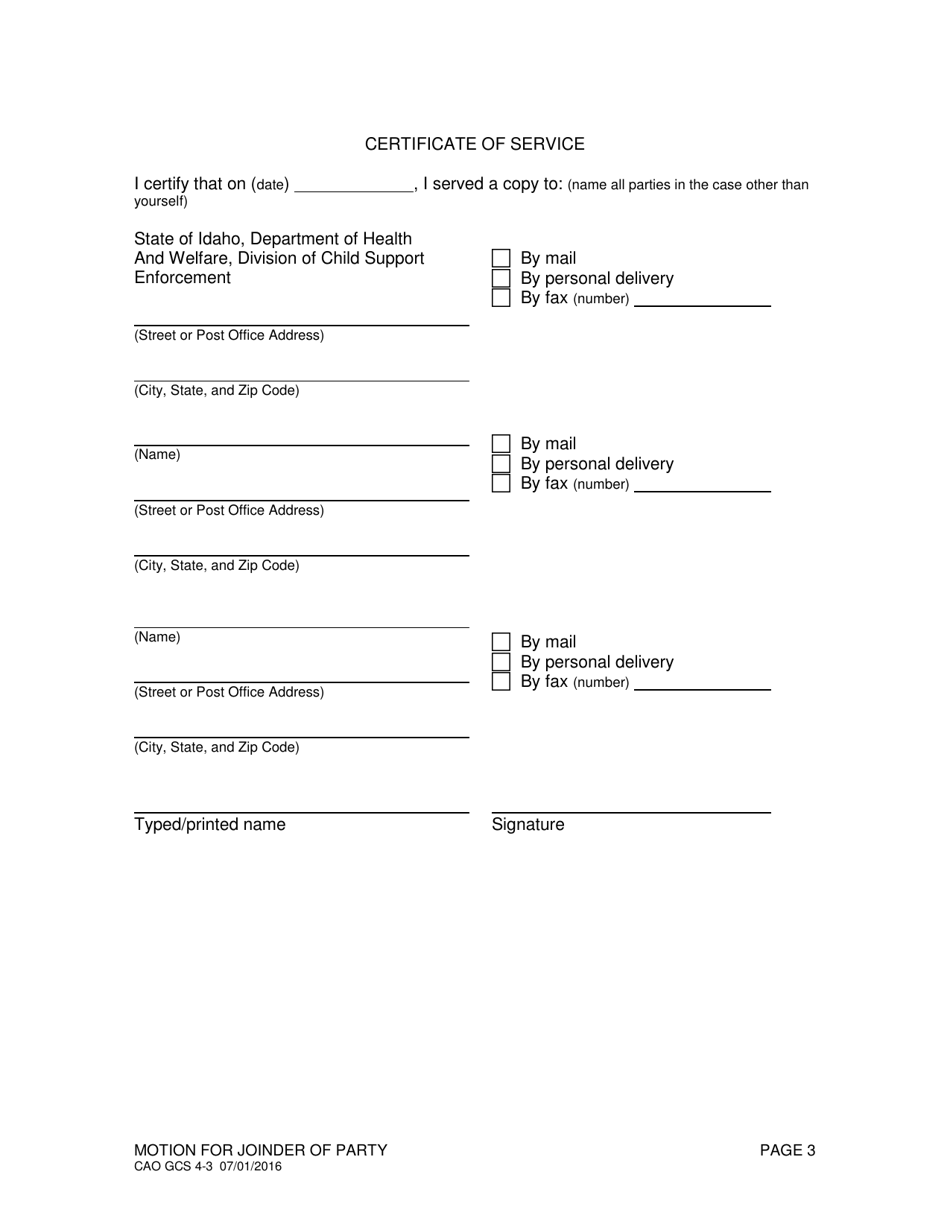 Form CAO GCS4-3 Motion for Joinder of Party - Idaho, Page 3