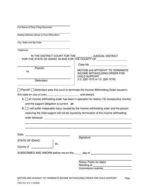 Form CAO FLE10-4 Motion and Affidavit to Terminate Income Withholding Order for Child Support - Idaho
