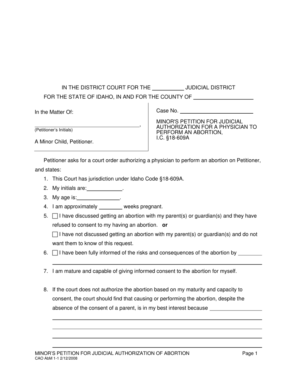 Form CAO AbM1-1 Minors Petition for Judicial Authorization for a Physician to Perform an Abortion - Idaho, Page 1