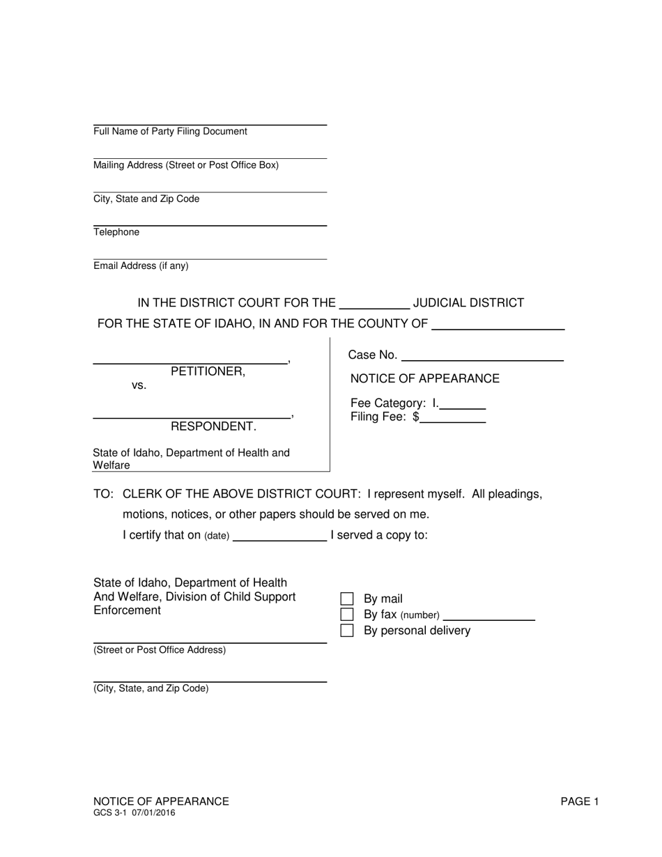 Form GCS3-1 Notice of Appearance - Idaho, Page 1