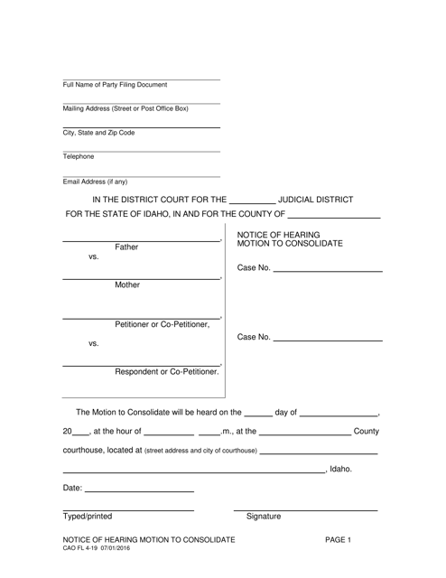 Form CAO FL4-19 Notice of Hearing Motion to Consolidate - Idaho