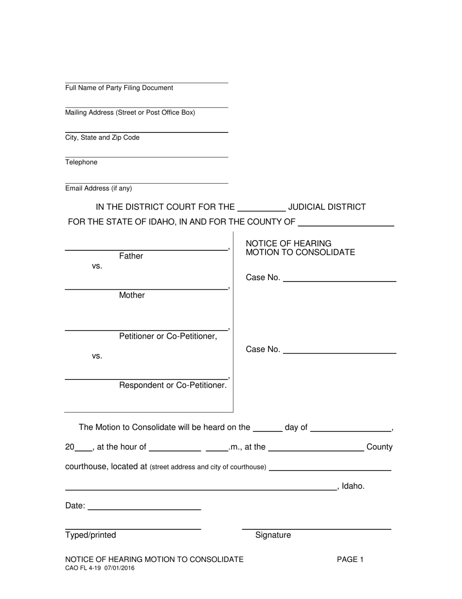 Form CAO FL4-19 Notice of Hearing Motion to Consolidate - Idaho, Page 1