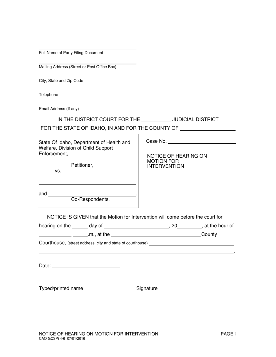Form CAO GCPi4-6 Notice of Hearing on Motion for Intervention - Idaho, Page 1