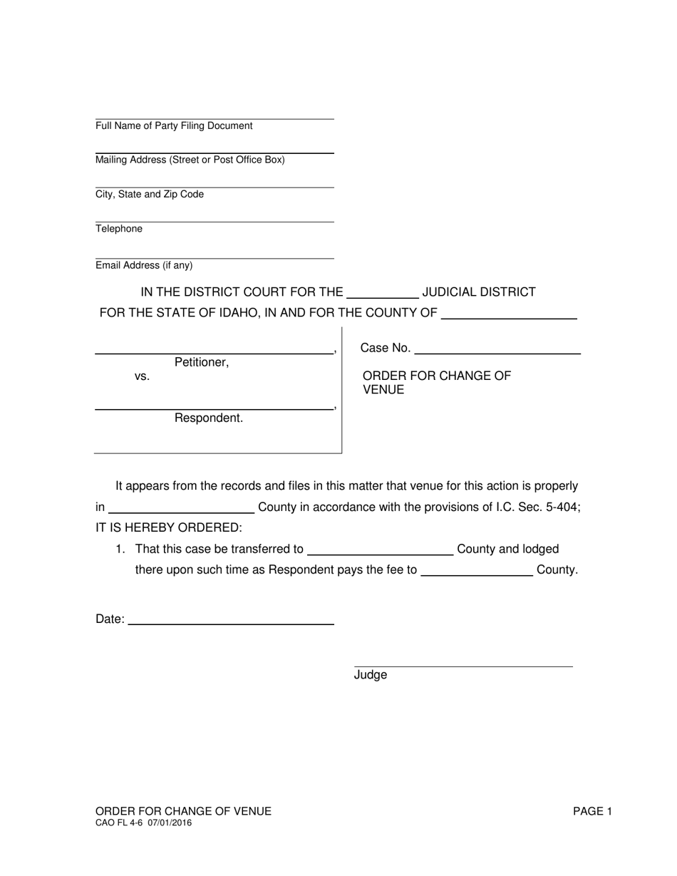 Form CAO FL4-6 Order for Change of Venue - Idaho, Page 1