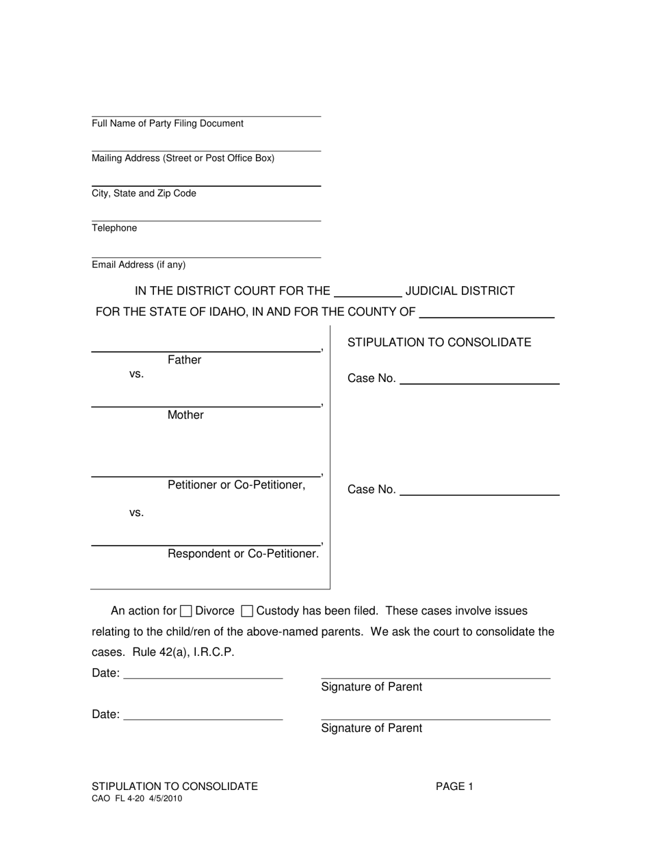Form CAO FL4-20 Stipulation to Consolidate - Idaho, Page 1