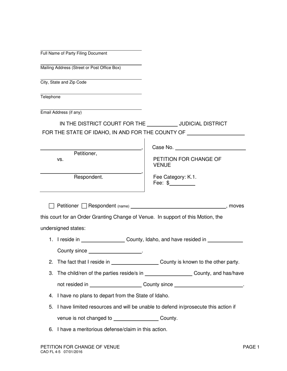 Form CAO FL4-5 Petition for Change of Venue - Idaho, Page 1