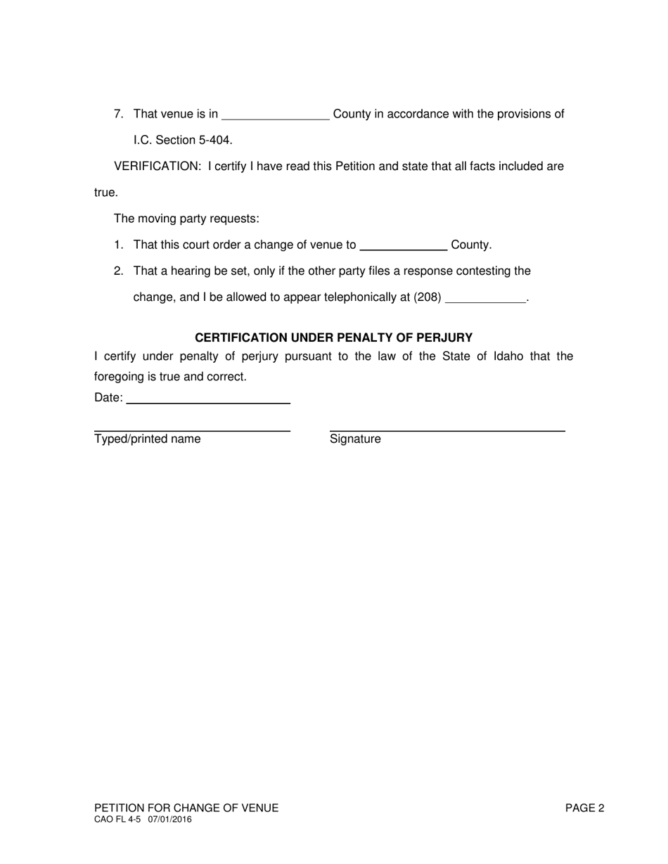 Form CAO FL4-5 Petition for Change of Venue - Idaho, Page 2