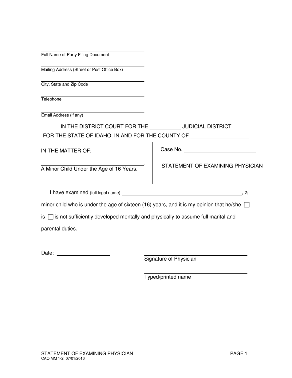 Form CAO MM1-2 Statement of Examining Physician - Idaho, Page 1
