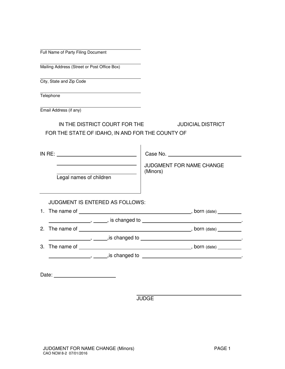 Form CAO NCM8-2 Judgment for Name Change (Minors) - Idaho, Page 1