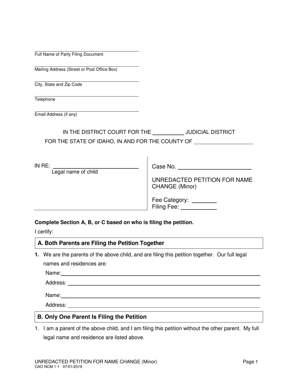 Form CAO NCM1-1 Unredacted Petition for Name Change (Minor) - Idaho, Page 1