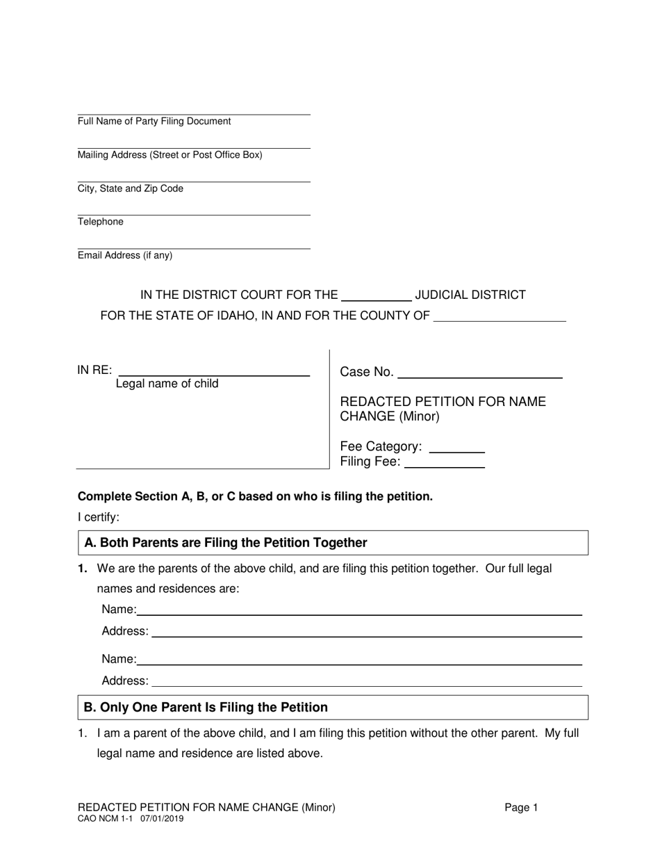 Form CAO NCM1-1 Redacted Petition for Name Change (Minor) - Idaho, Page 1