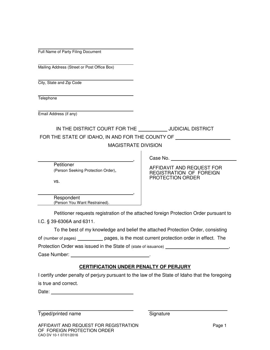 Form CAO DV10-1 Affidavit and Request for Registration of Foreign Protection Order - Idaho, Page 1