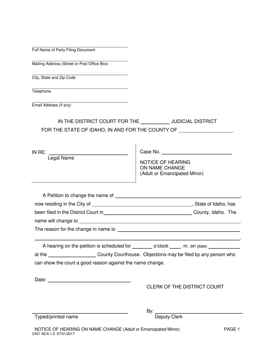 Form CAO NCA1-2 Notice of Hearing on Name Change (Adult or Emancipated Minor) - Idaho, Page 1