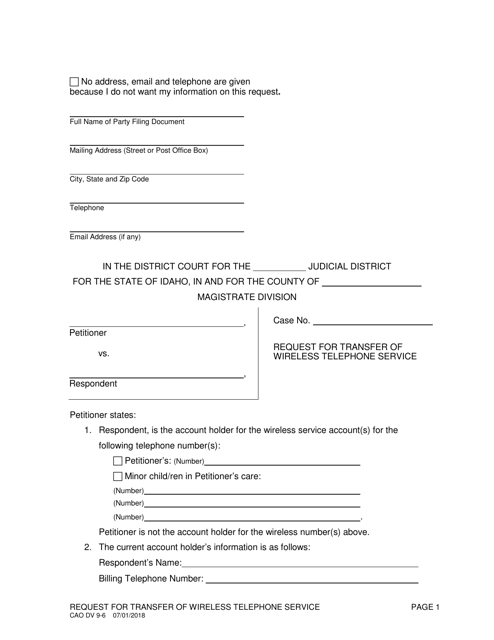 Form CAO DV9-6 Request for Transfer of Wireless Telephone Service - Idaho