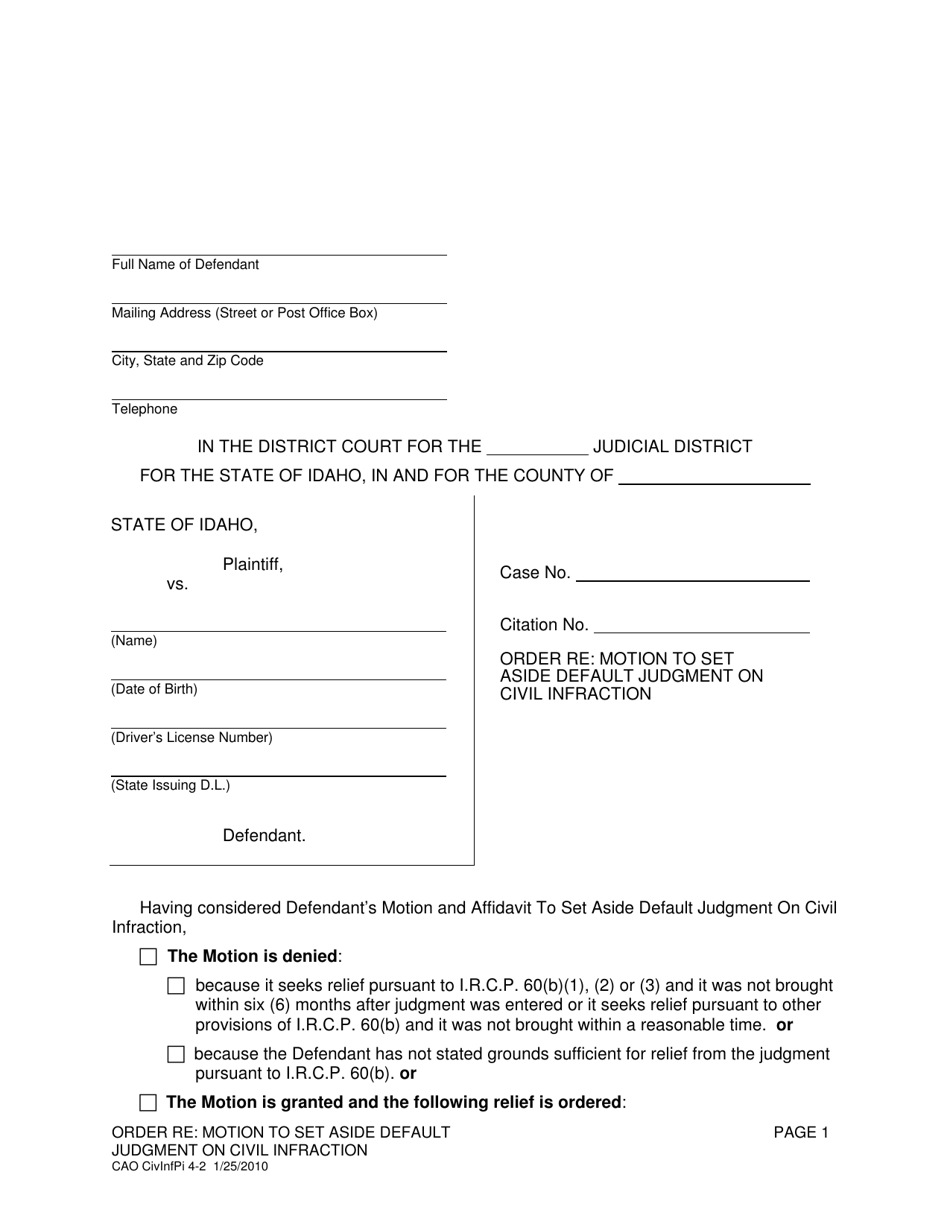 Form CAO CivInfPi4-2 Order Re: Motion to Set Aside Default Judgment on Civil Infraction - Idaho, Page 1