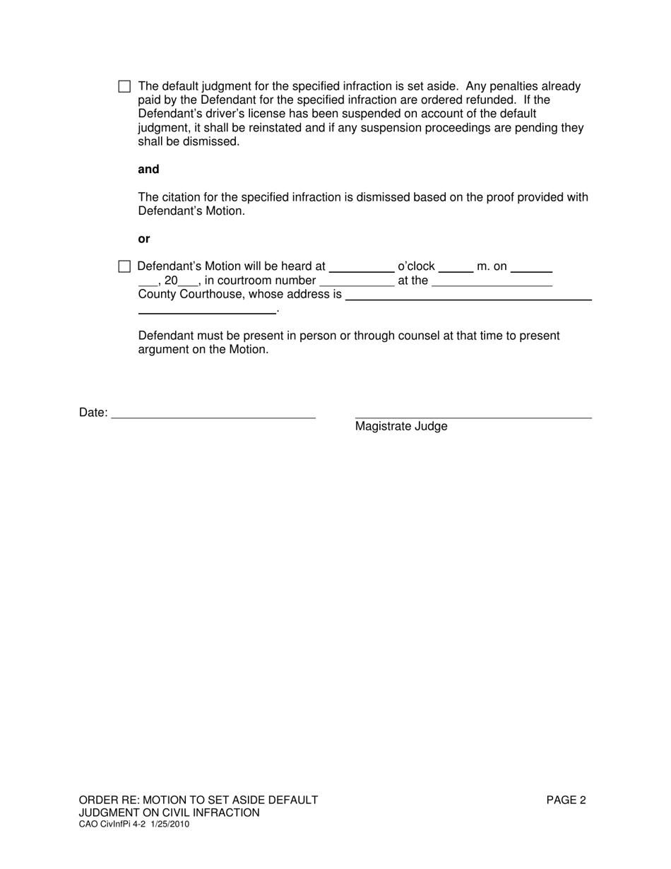 Form CAO CivInfPi4-2 Order Re: Motion to Set Aside Default Judgment on Civil Infraction - Idaho, Page 2