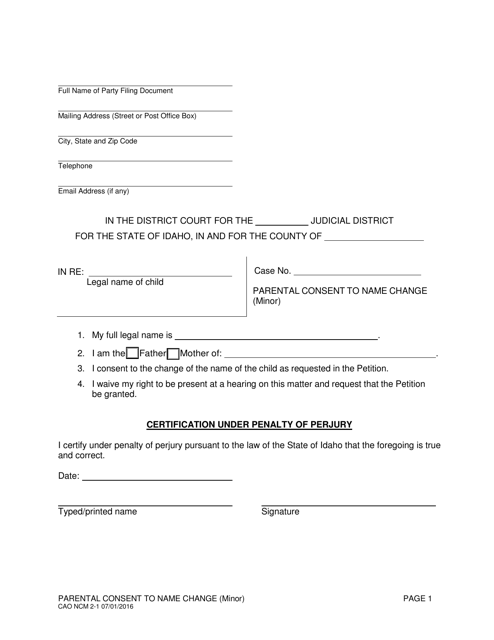 Form CAO NCM2-1 Parental Consent to Name Change (Minor) - Idaho