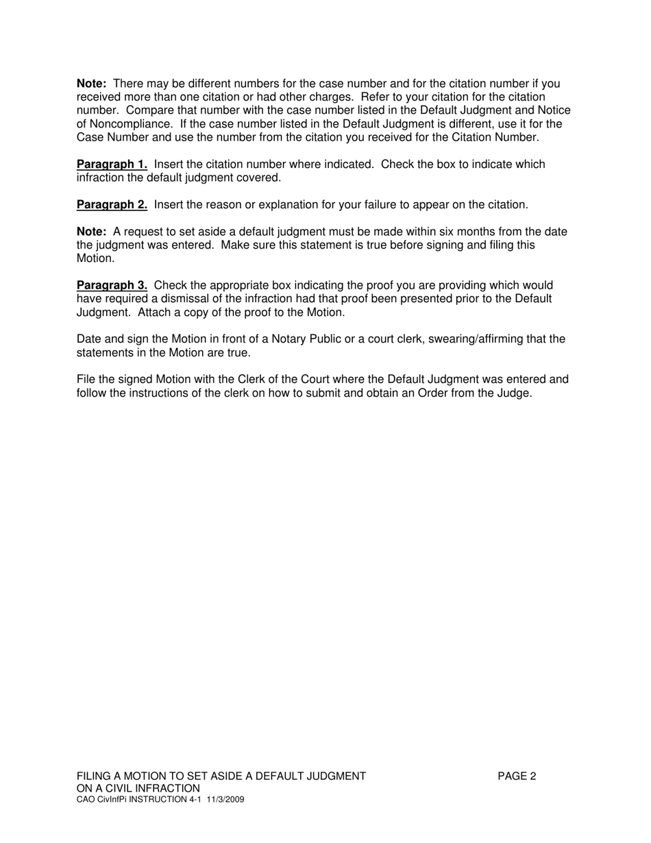 Instructions for Form CAO CivInfPi4-1 Motion and Affidavit to Set Aside Default Judgment on Civil Infraction - Idaho, Page 2