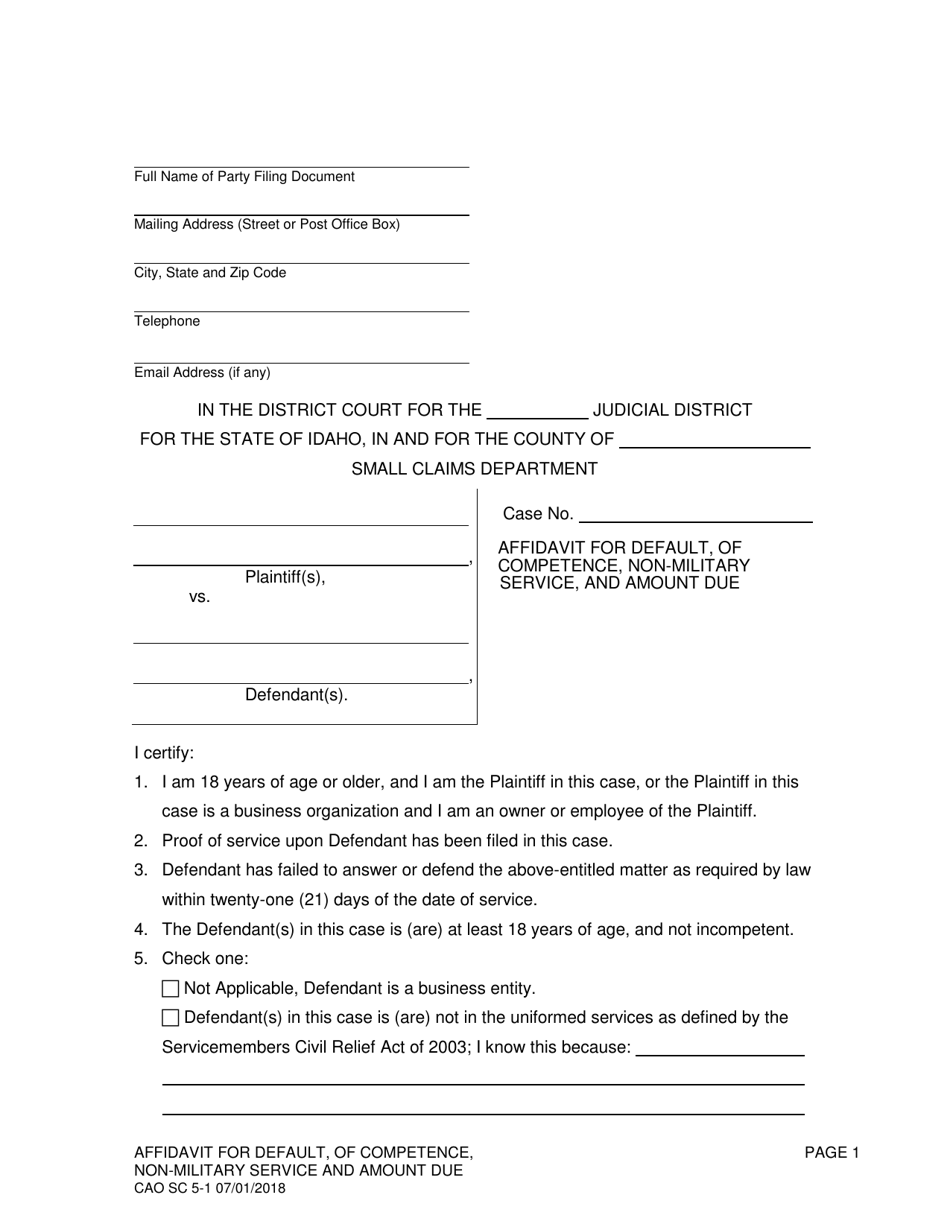 Form CAO SC5-1 Affidavit for Default, of Competence, Non-military Service, and Amount Due - Idaho, Page 1