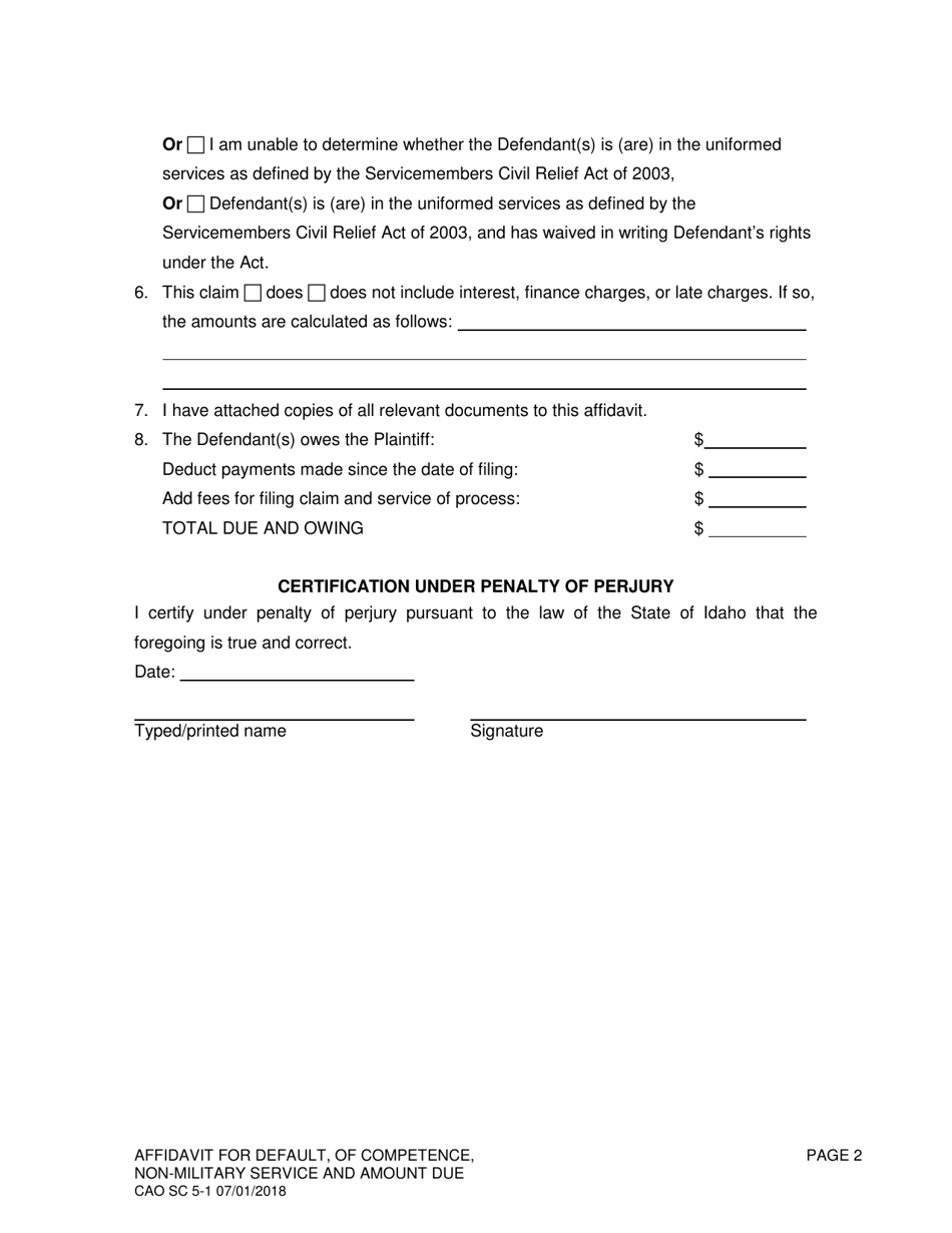 Form CAO SC5-1 Affidavit for Default, of Competence, Non-military Service, and Amount Due - Idaho, Page 2
