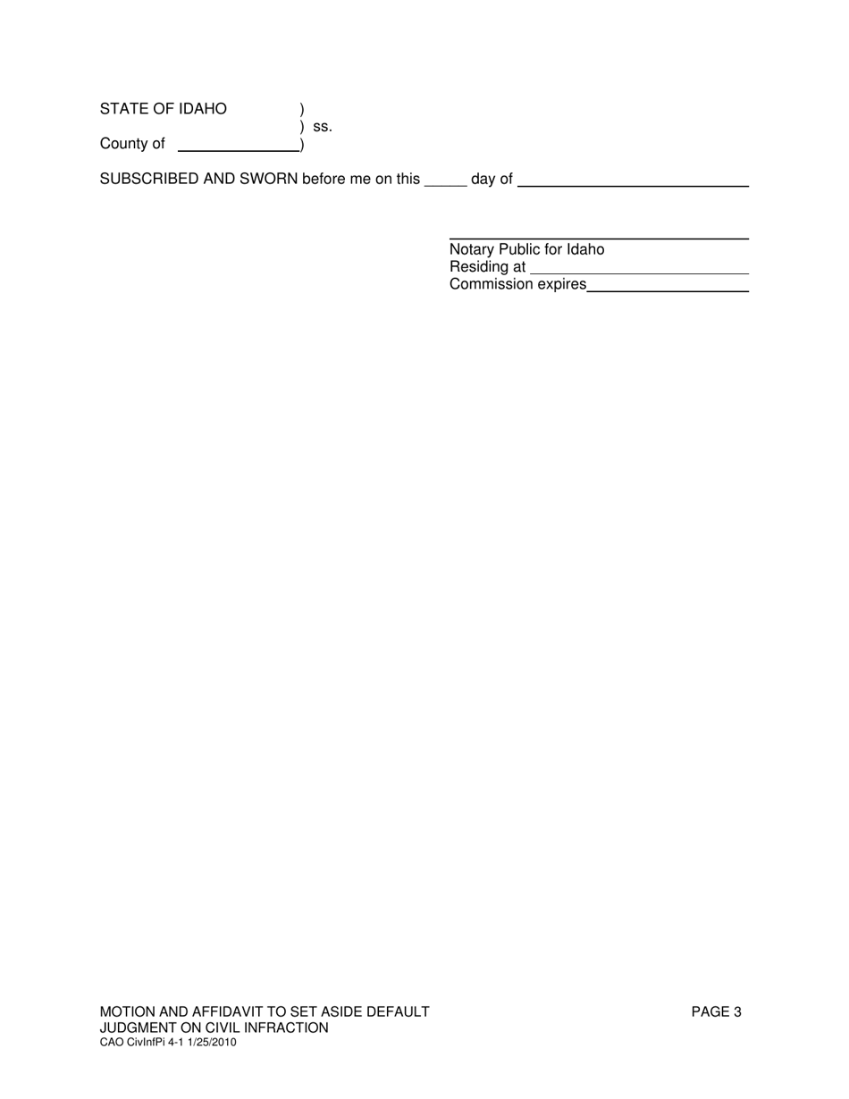 Form CAO CivInfPi4-1 Motion and Affidavit to Set Aside Default Judgment on Civil Infraction - Idaho, Page 3