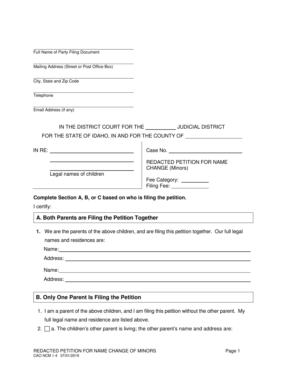 Form CAO NCM1-4 Redacted Petition for Name Change of Minors - Idaho, Page 1