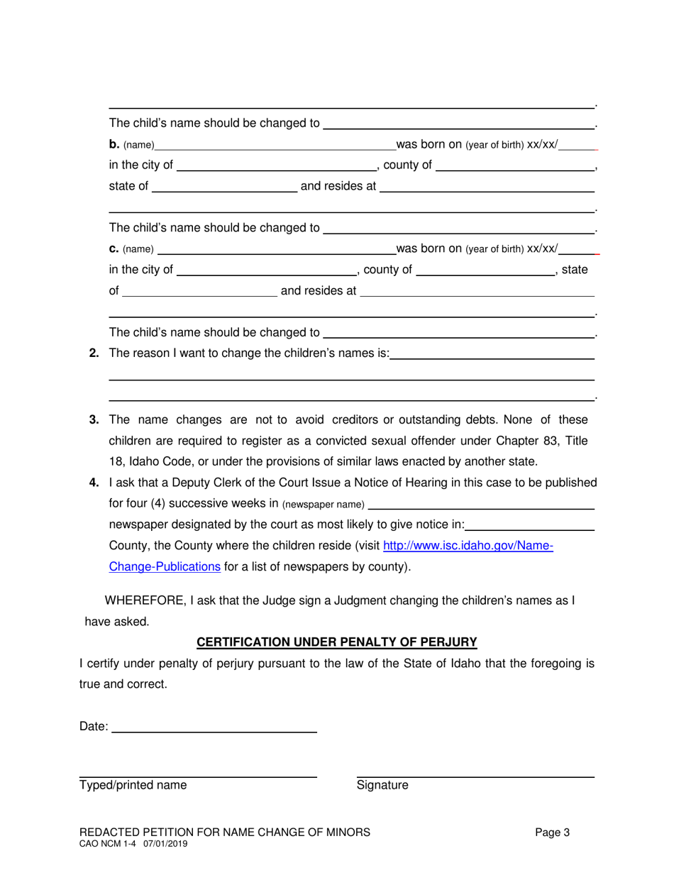 Form CAO NCM1-4 Redacted Petition for Name Change of Minors - Idaho, Page 3