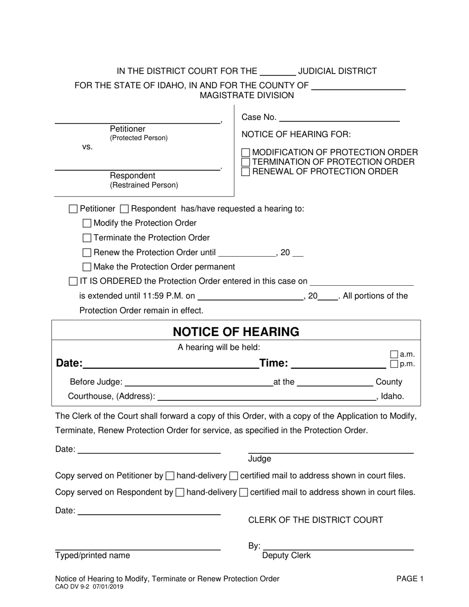 Form CAO DV9-2 Notice of Hearing to Modify, Terminate or Renew Protection Order - Idaho, Page 1