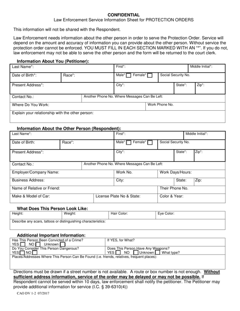 Form CAO DV1-2 Law Enforcement Service Information Sheet for Protection Orders - Idaho