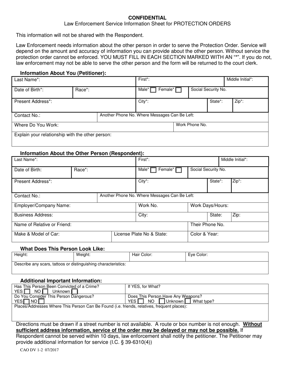 Form CAO DV1-2 Law Enforcement Service Information Sheet for Protection Orders - Idaho, Page 1