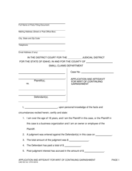 Document preview: Form CAO SC9-2 Application and Affidavit for Writ of Continuing Garnishment - Idaho
